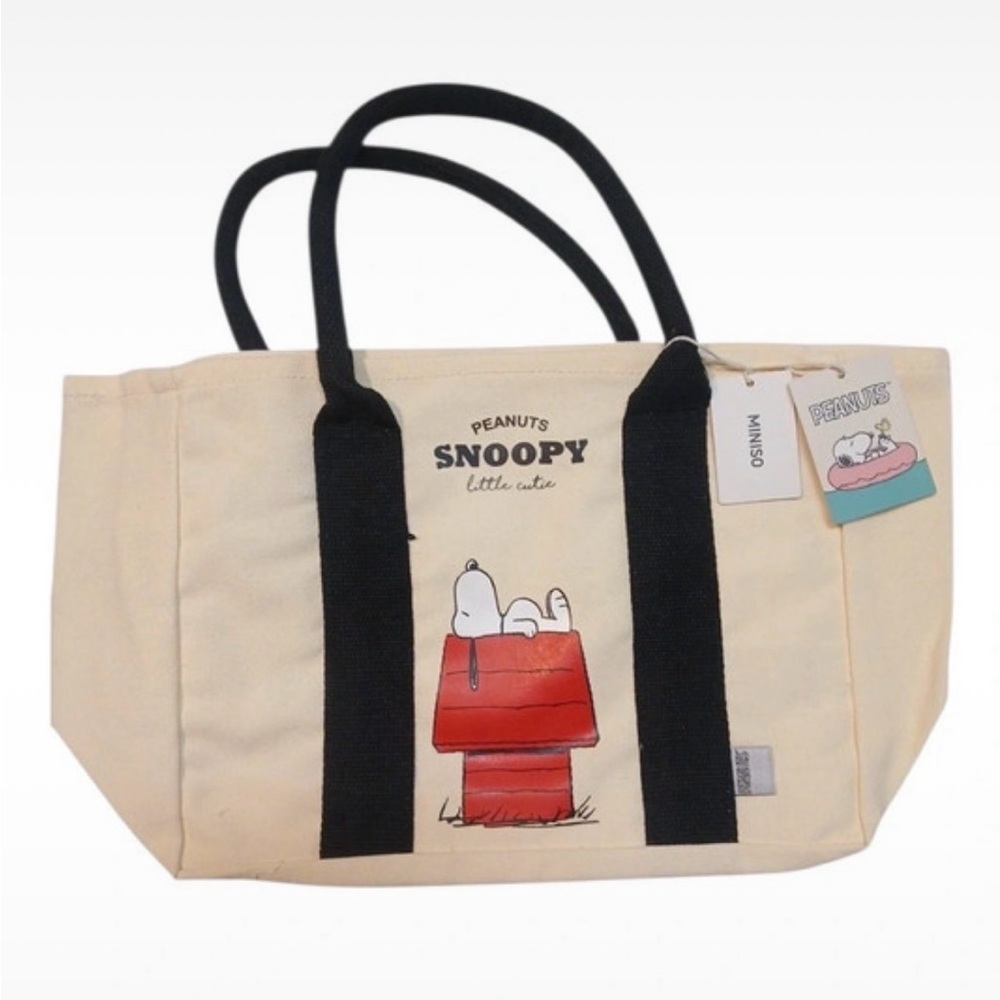 Peanuts Snoopy Little Cutie Canvas Tote Bag Cream Black Doghouse Graphic Small - Picture 3 of 7